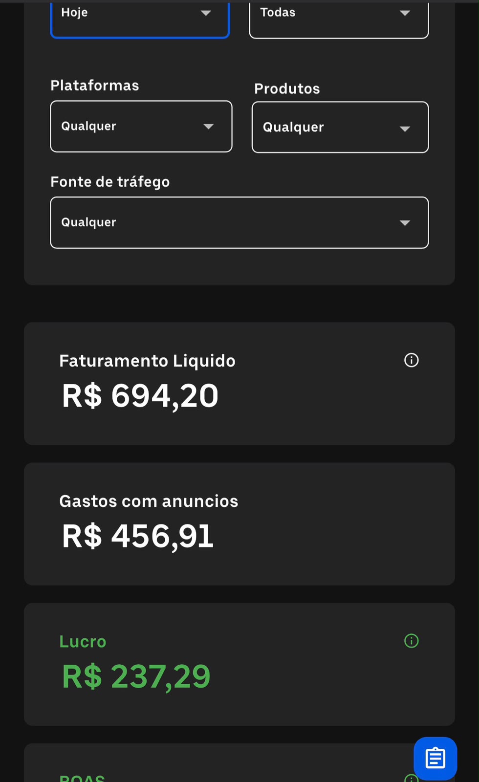 Dashboard de resultados de campanha de infoproduto — faturamento e lucro do dia